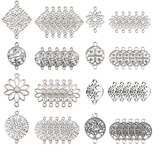SUNNYCLUE 1 Box 80 Stück 8 Stile Flache runde Blumen-Charms tibetischer Stil Link Connector Charm Baum des Lebens Anhänger Rhombus Glieder für Frauen DIY Ohrringe Halskette Armband Schmuckherstellung