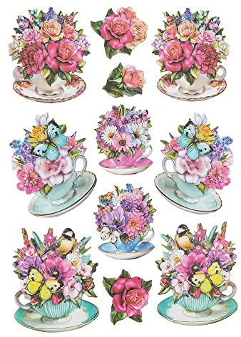 Ideen mit Herz Stickerbogen 3-D Relief-Sticker | Aufkleber | Hochwertig geprägt mit 3-D-Effekt | Din A4 Bogen mit verschiedenen Motiven (Blumen in Tassen 01)