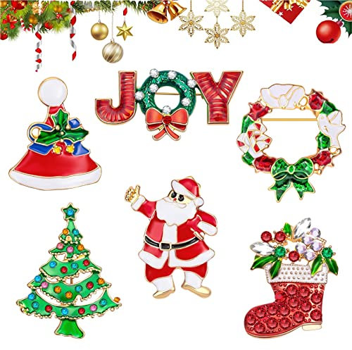 MELLIEX 6 Stück Weihnachten Broschen Pins, Strass Weihnachtsbroschen Brosche Nadel Anstecker Broschen für Kleidung Weihnachtsschmuck Geschenke