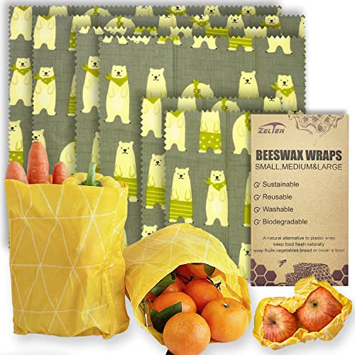 Beeswax Reusable Food Wraps - (6 Packs, 3 Sizes S,M,L, with 1 Meter Hemp Rope, Two Buttons) Plastic and Silicone Free, Eco-Friendly Wrap, Wax Paper for Food,Little Bear