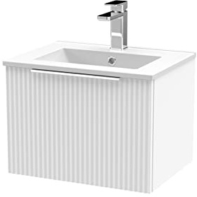 Hudson Reed DFF191B Fluted Modern Bathroom Wall Hung 1 Drawer Vanity Basin Unit with Minimalist Ceramic Basin, 500mm, Satin White