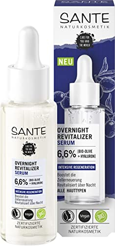 SANTE Naturkosmetik Serum mit Bio-Olive & Hyaluron, Für eine intensive Regeneration der Haut und ein geschmeidiges Hautgefühl, Vegan, Overnight Revitalizer Serum, 30 ml