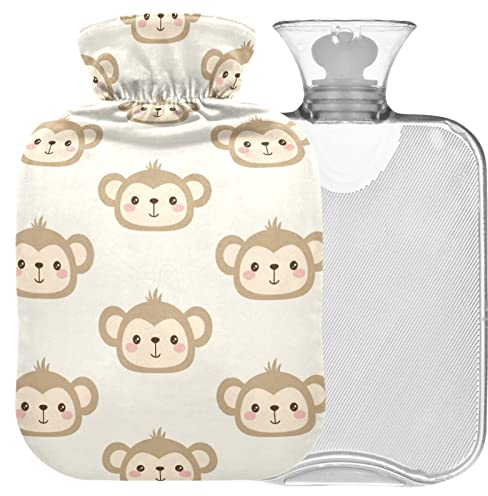 Naanle Niedliche Cartoon Affe Wärmflasche mit Bezug Transparente Warmwasserflasche 1L Wärmflasche für Bett Hand Füße Wärmer Schmerzlinderung Wärme und Kältetherapie