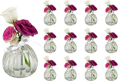 casavetro 12 x Kleine Vase mit Weiß Schleife Blumen Tisch-Vase Dekoration Hochzeit Party Set Flasche Glas klar (12 Stück)(Kürbis-OK)