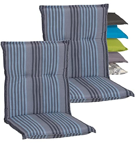 Beo Niedriglehner Auflagen 2er Set Waschbar Turin | Made in EU Premium-Qualität | UV-beständige Gartenstuhlauflage Niedriglehner | Atmungsaktive Stuhlauflage Niedriglehner mit Streifen in Blau-Grau