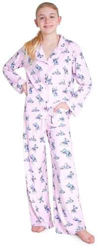 Disney Pyjama Mädchen von 7-14 Jahren - Stitch Schlafanzug Mädchen mit Langem Geknöpften Oberteil und Langer Hose (Rosa, 11-12 Jahre)