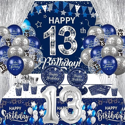 Rumia 13th Birthday Decorations, 131 PCS Navy Blue Silver Stars and Balloons, Includes Banner, Balloons, Tablecloth, Plates, Cups, Napkins, Cutlery, Foil Backdrops for Boys and Girls