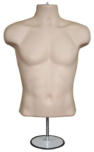 Display Guru Male Hanging Mannequin Half Body Form 3 Quarter Shop Bust Display With Round Stand (Tanned)