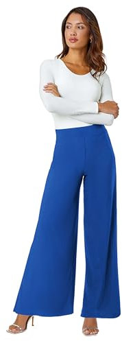 Roman Wide Leg Trousers for Women UK Ladies Palazzo Pants Evening Jersey Elasticated High Waist Smart Flared Culotte Office Work Going Out Loose Crepe Bottoms - Blue - Size 22