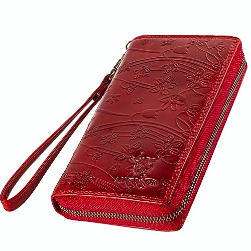 MATADOR XL Karten Portemonnaie Geldbeutel Damen Leder Groß #Cadiz mit edler Geschenk Box, Portmonee Geldbörse Damen Gross mit RFID Blocker, Geldtasche Brieftasche, Damenportemonnaie Blumen Rot