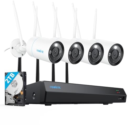 Reolink 4K Kit Videosorveglianza Wi-Fi 6, Doppia Banda 2,4/5 GHz, Rilevamento di Uomo/Veicolo, Visione Notturna a Colori, Audio a 2 Vie, 4x Telecamera Wi-Fi Esterno + NVR WiFi 12CH 2TB, RLK12-800WB4