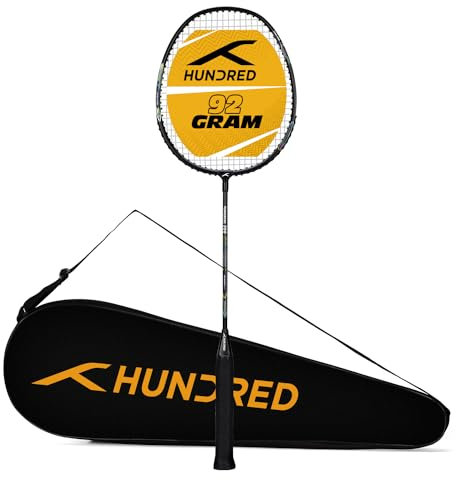 HUNDRED Powertek 200 PRO Badminton Racquet with Head Cover| Strung | Material: Aluminium | For Intermediate Players | Weight: 95 grams | Maximum String Tension - 18-20lbs, Schwarz