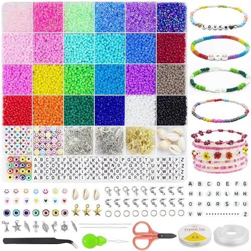 8000 Pièces Perles de Rocaille, Perles et accessoires, Coffret Perles pour Bracelet, 3mm Petites Perles de Verre, pour Bijoux pour la Fabrication de Boucles D'oreilles Bracelets Colliers