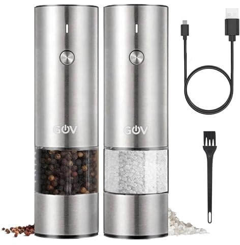 GOV Elektrische Pfeffer- und Salzmühle Set - 45 ml Edelstahl Edition - USB-C Wiederaufladbar - 6 einstellbare Mahlgrößen - Stilvolles Edelstahldesign mit LED-Lampe