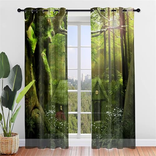 Hiseng Voile Curtains for Bedroom 2 Panels, Green Forest Elegant Curtains Eyelets Curtains Translucent Window Screen Door Drapes for Living Room Balcony Home (80x115cm,Tree house)