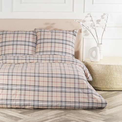 VelvetHome Deluxe Bettwäsche 155x220 Baumwolle Bettbezug 155x220 cm mit Kissenbezug 80x80 cm Hohe Qualität Bettwäsche-Set mit Reißverschluss 100% Baumwolle Made in EU Beige Kariertes 155 x 220