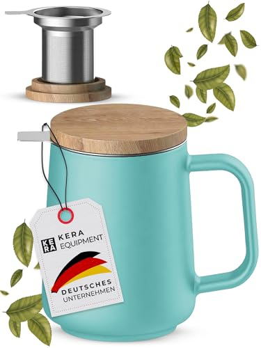 KERA® Taza de té con tapa y colador – Grande XXL Jumbo – 500 ml – Taza de té de cerámica – Taza de té – Taza de café – Mango de cerámica – colador de acero inoxidable – (turquesa)