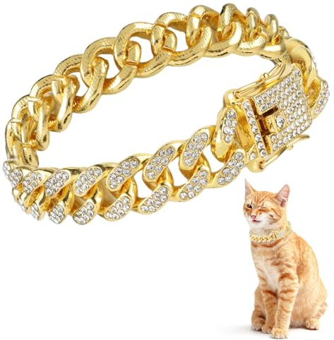 Amabro Diamond Cat Chain Collar, Metal Cuban Link Dog Collar with Secure Buckle 12mm Wide Cat Pet Necklace Chain Pet Collar Jewelry Accessories for Small Medium Dogs Cats Puppy Kittens 8inch(Gold)