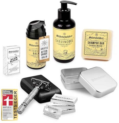 Störtebekker® Premium Shower & Shave Essential Set - Rasierset & Duschset für Herren - mit Rasierhobel (Silber/Schwarz), Rasiergel, After Shave Balm, Alaunstein, festem Shampoo & Alu Seifendose