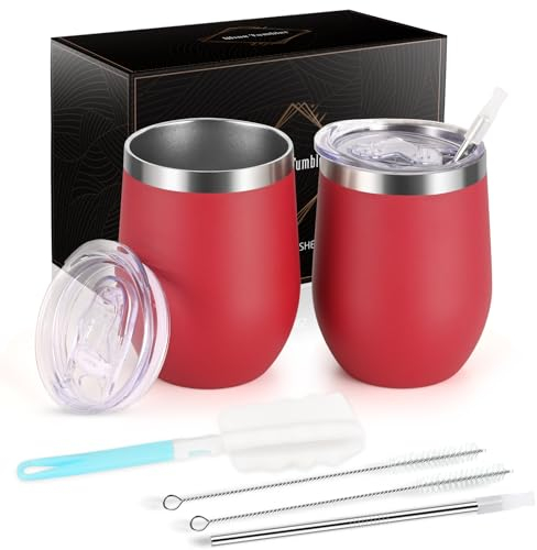 Joymaking 12oz Reusable Coffee Cup, 2 Pack Double Walled -Insulated Travel Mug Vacuum Stainless Steel Wine Tumbler with Spill Proof Lid, Great for Coffee, Tea, Milk and Wine, Red
