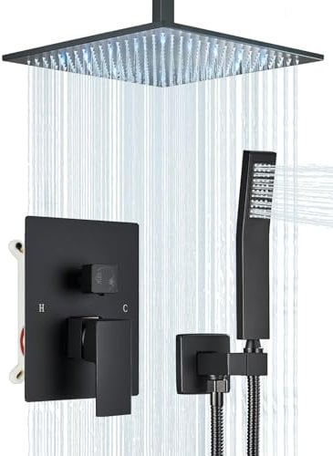 Saetow Matte Black Shower Faucet Set Complete with 16 Inch High Pressure LED Shower Head and Handheld Jet Shower System, Rough Valve Body and Trim Included