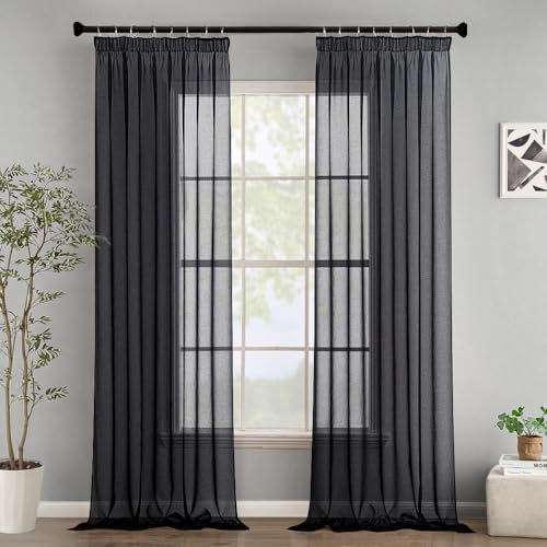 Woaboy Gardinen mit Kräuselband Fenster Voile Vorhänge Wohnzimmer Transparent Sheer Curtains Stores Gardine Schlafzimmer Modern Schlaufengardinen 2er Set 140x225cm (BxH) Schwarz