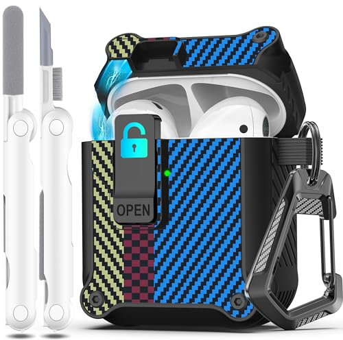 R-fun Compatible con AirPods 2.ª generación 2019, 1.ª Gen 2016 Funda Protectora, Total contra caídas, Tapa emergente automática para Funda Apple Airpods con Kit de Limpieza,Fibra de Carbono Azul