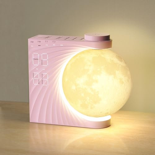 Lampe de Lune avec Réveil Lumineux,Eveil Lumière LED Radio,Réveil et Machine Sonore avec Lumière de Lune Veilleuse,Double Alarme,Fonction Snooze,Lumière de réveil,10 Sons de la Nature,8 couleurs