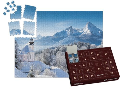 puzzleYOU: Puzzle-Adventskalender | „Wallfahrtskirche und Watzmann-Gipfel im Winter, Berchtesgadener Land, Deutschland“ – aus der Puzzle-Kollektion Berge, Alpen, Kirchen, Österreich