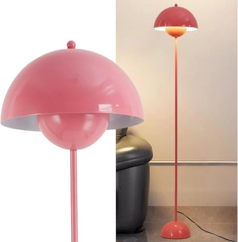 Alpinaluz Lampada da Terra in Metallo con Paralume Bombato – Design Retro Nordico – Luce Indiretta Verso il Basso – E27 – Interruttore a Pedale – Per Salotto e Interni (Rosa)