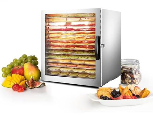 Essiccatore alimentare in acciaio inossidabile, essiccatore commerciale for frutta, timer da 24 ore e controllo del termostato da 30 a 90 °C, porta in vetro temperato