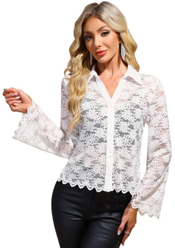 Allegra K Blusa Pizzo Donna Scollo V Maniche Campana | Blusa in pizzo floreale trasparente con maniche a campana e bottoni. Perfetta per ufficio e serate.