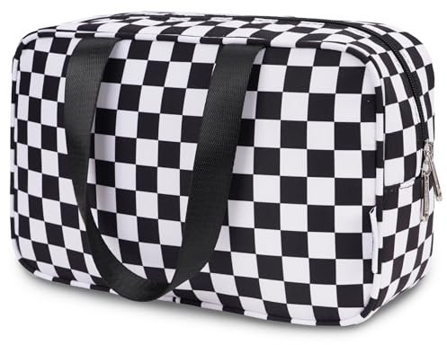 Karierte Kulturtasche Damen Gross, Kulturbeutel Groß Damen Kosmetiktasche Waschtasche Make up Tasche Organizer für Kinder and Frauen (Schwarzes Schachbrett)