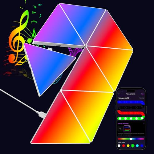 Kimimara Large Triangle Lights Gaming - 8 Pack RGB Led Hex Light Panels Hexagon Smart Wall Lights Sync to Music for Room Bar Decor Gaming Setup