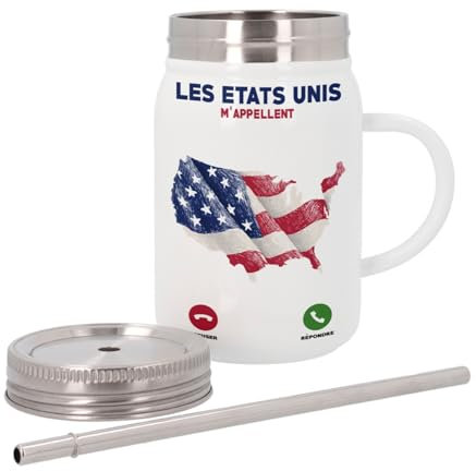 Mug Isotherme en Inox avec Couvercle et Paille - Les Etats-Unis M'Appellent New York Voyage - 500 ml - Tasse Thermo