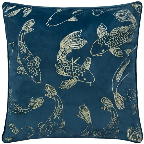 Paoletti Koi Pond Embroidered Velvet Feather Rich Cushion - Navy - 50x50cm