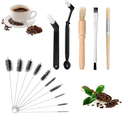 AiQInu Cepillo Limpiar Cafetera,15 Piezas de Cepillo de la máquina de café de Limpieza, Cepillo de Limpieza para Molinillo de café, con 10 Tubos de Cepillo