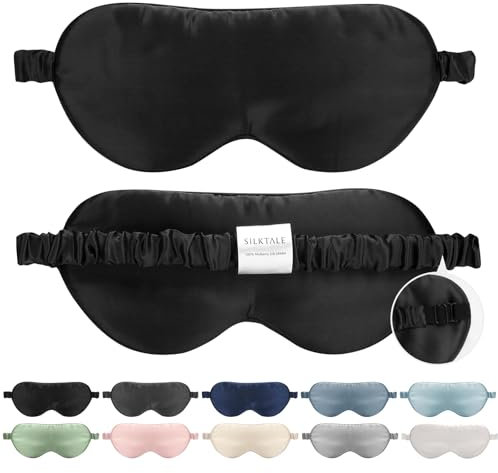 SILKTALE Schlafmaske Seide für Herren Frauen,19 Momme 100% Maulbeerseide Augenmaske für Seitenschläfer, Lichtblockierende Seiden Schlafbrille mit Verstellbares Gummiband für Reisen,Schwarz