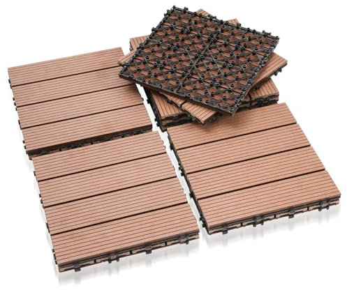 Eulenke WPC Terrassenfliesen 110 Stück, 30x30 cm Terrassendielen für Balkon Boden, Klickfliesen, Balkonfliesen in Holzoptik, Bodenbelag Wetterfest für Terrasse, für 10 m², ‌Braunrot