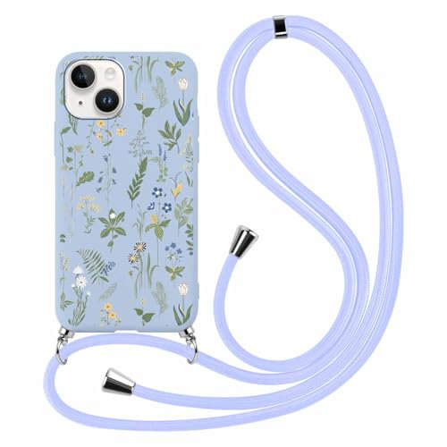 Yoedge Handyband Handyhülle für iPhone 14/iPhone 13 Hülle mit Band, Aesthetic Blumen Muster Design, Schutzhülle mit Kordel zum Umhängen Silikon Case Handytasche Kette Cover für iPhone13 6,1,Blätter