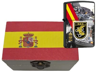Mechero de Gasolina Recargable con Escenas del Grupo Especial de Operaciones (Geo). Se Envía en Cajita de Madera con la Bandera de España. (Geo)