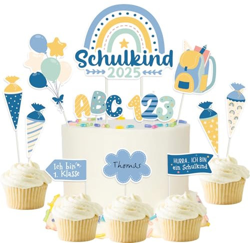 MEJOSER 21 Stück Tortendeko Einschulung Cake Cupcake Topper Schulkind 2025 Torten Kuchen Topper 1. Klasse Mädchen Junge Regenbogen Schultüte Deko Schulanfang Schuleinführung (Blau)