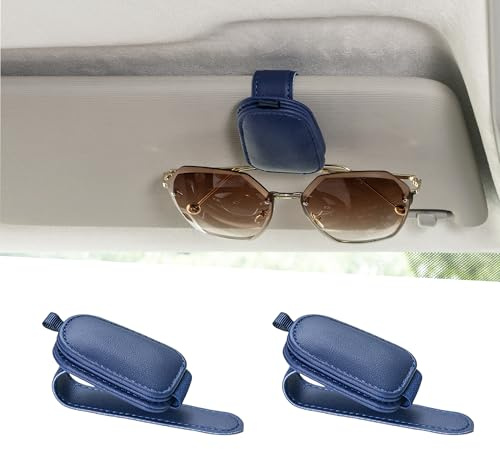 Yuoyar Sunglass Holder for Car, Magnetic Leather Sunglasses Holder and Ticket Card Clip, Car Visor Accessories, 2 Packs (Blue)