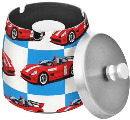Red Race Car Plaid Aschenbecher mit Deckel, Winddichter Zigarettenaschenbecher für Draußen Drinnen, Edelstahl Aschenbecher für Home Office Balkon