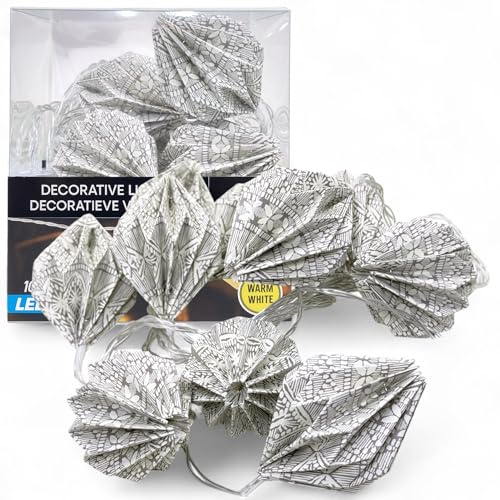 MIJOMA LED Lichterkette Boho-Papierlampions, 10 warmweiße LEDs, Timer 6h/18h, batteriebetrieben, Origami-Schirme, Deko für Wohnzimmer, Fenster & Party (Diamant – Sage-Grey Mosaic)
