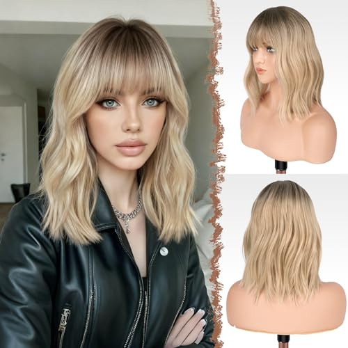 FESHFEN Wellig Bob Perücke mit Pony, Ombre Blond Schulterlänge Perücken für Damen Frauen Synthetik Kunsthaar Wavy Haarperücke für Damen Alltag Karneval Fasching 35cm