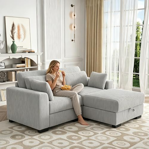 2-Sitzer-Sofa, gepolstertes Wohnzimmersofa, Chaiselongue, Schlafsofa, modulares Bodensofa in L-Form aus Stoff mit Kissen und Hocker (Grau, 2 Sitzplätze+1 Fußstütze)