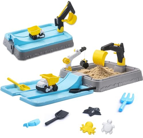 Kids Excavator Sandbox with Cover, Construction Sandbox Set with Beach Toys & Dump Truck, Outdoor Educational Play Set for Toddlers Ages 3-12