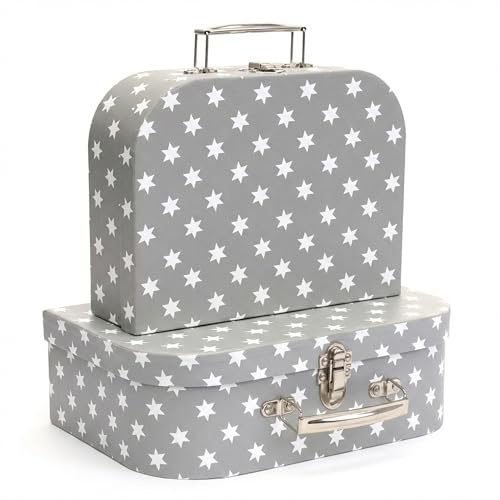 Hoolaroo Gift Box Suitcases with Metal Handles, Grey with White Stars Pattern, Set of 2, Small 20cm x 15cm x 8.5cm, Large 25cm x 18cm x 9cm