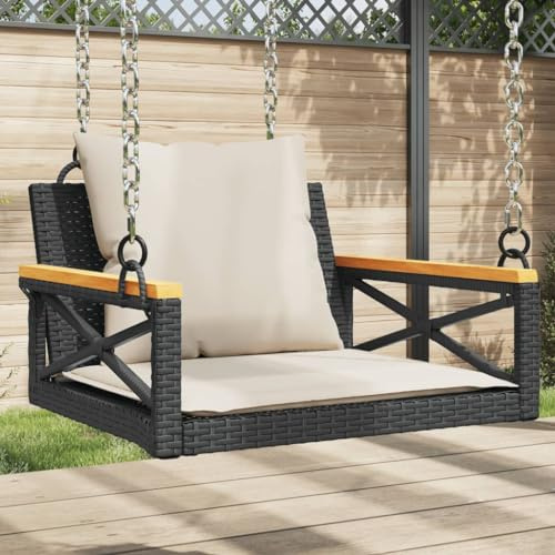 IBUQDDV Hängesessel mit Kissen Schwarz 63x62x40 cm Poly Rattan PE Geflecht Schaukelbank Outdoor Relax Sitzgelegenheit Gartenmöbel Hängebank mit Befestigungsringen und dickem Polster